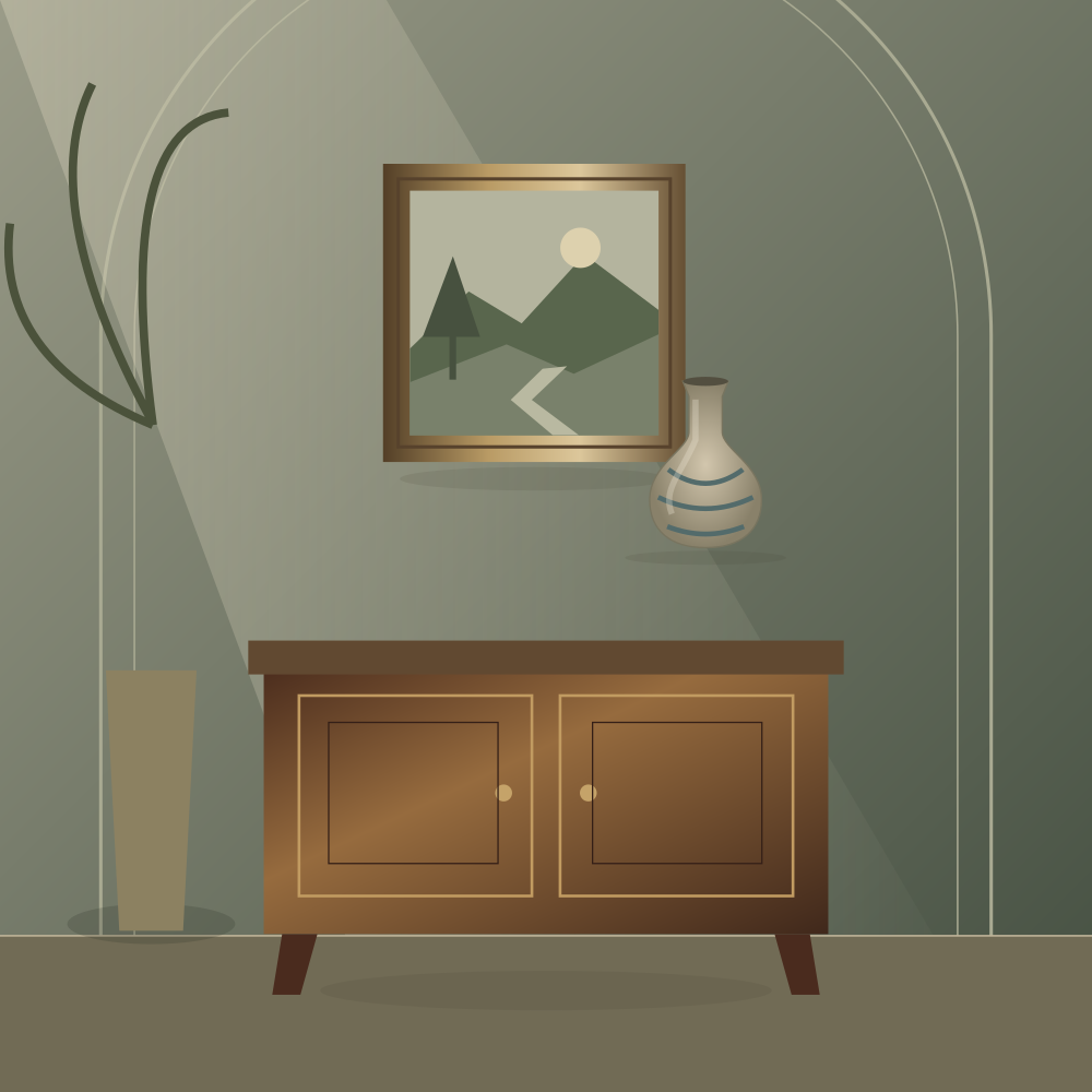 Illustrazione di una galleria con vaso, quadro e mobile antico